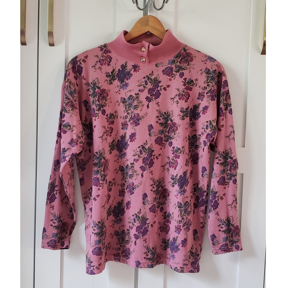 Ivy Club Classics Shirt Women M Pink Floral Vintage Mock Neck Long Sleeve Garden
